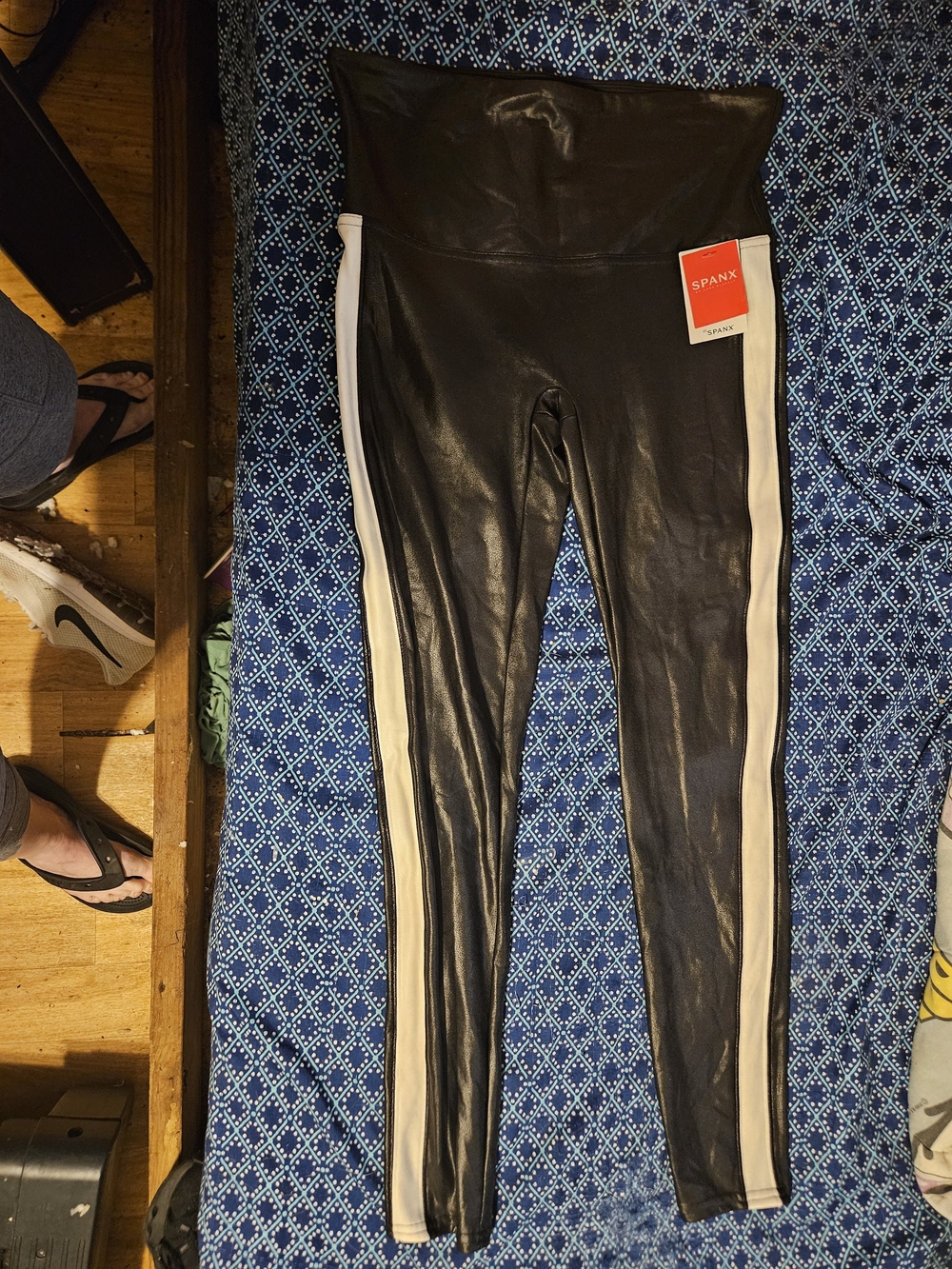 SPANX Faux Leather High-Waist Leggings with White Side Stripe
